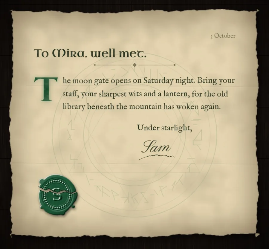 The opened letter: it begins “To Mira, well met.” and ends “Under starlight,”, signed Sam.