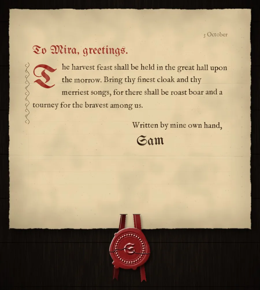 The opened letter: it begins “To Mira, greetings.” and ends “Written by mine own hand,”, signed Sam.