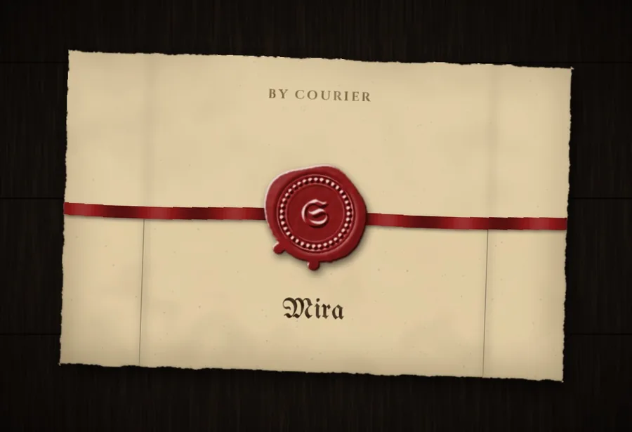 A sealed Medieval letter addressed to Mira, marked “By Courier”.