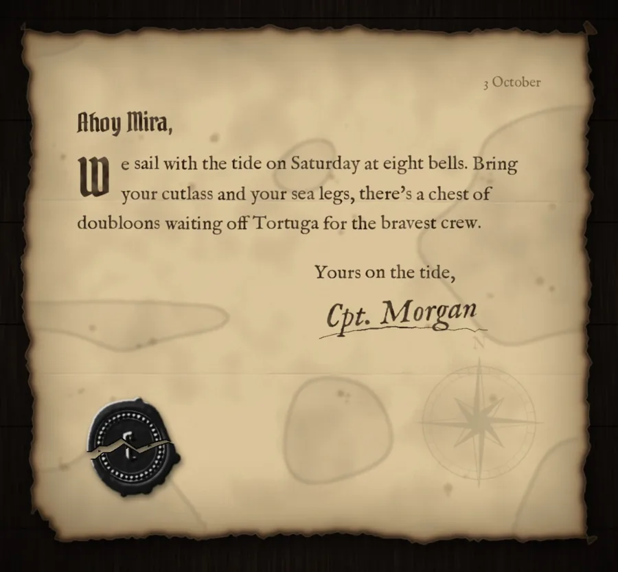 The opened letter: it begins “Ahoy Mira,” and ends “Yours on the tide,”, signed Cpt. Morgan.