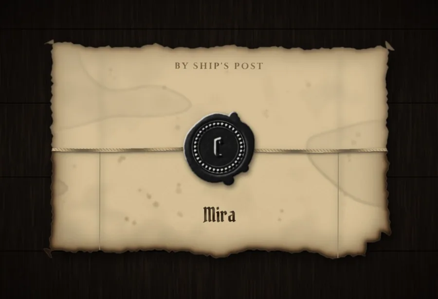 A sealed Naval & Pirates letter addressed to Mira, marked “By Ship's Post”.