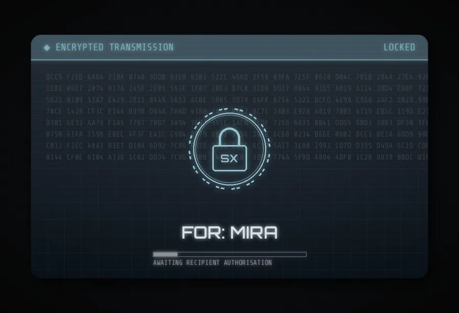 A sealed Sci-fi & Shooters letter addressed to Mira, marked “Encrypted Transmission”.