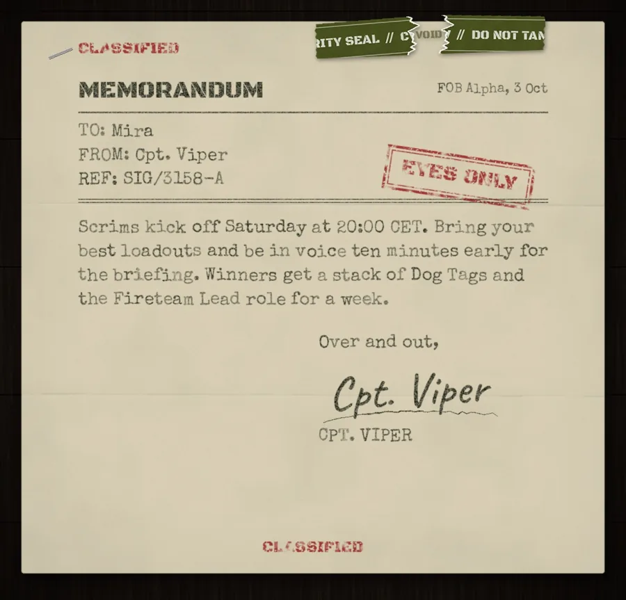 The opened letter: it begins “TO: Mira” and ends “Over and out,”, signed Cpt. Viper.