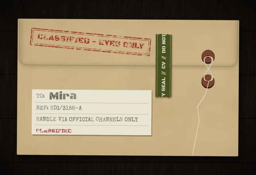 A sealed Tactical Shooters letter addressed to Mira, marked “Classified - Eyes Only”.