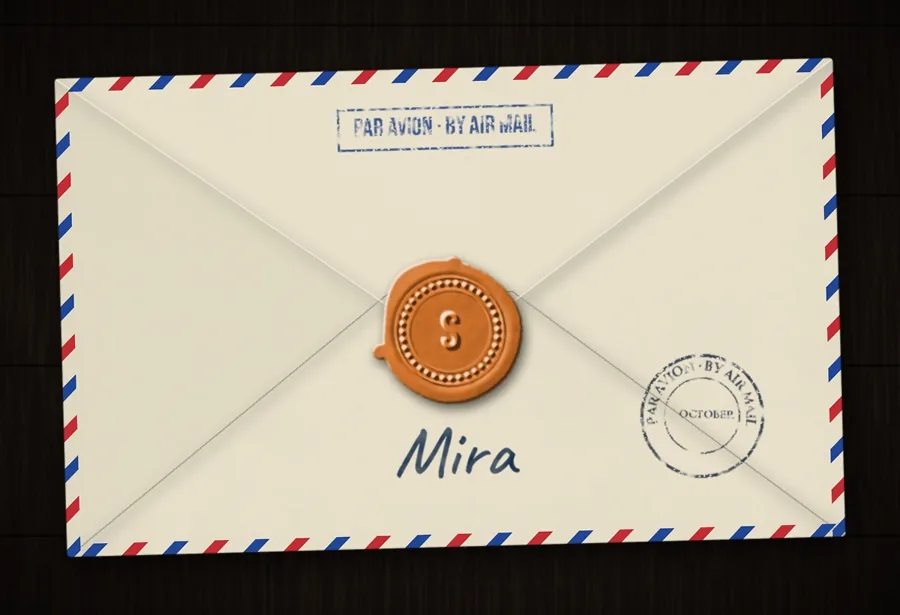 A sealed Venture letter addressed to Mira, marked “Par Avion · By Air Mail”.