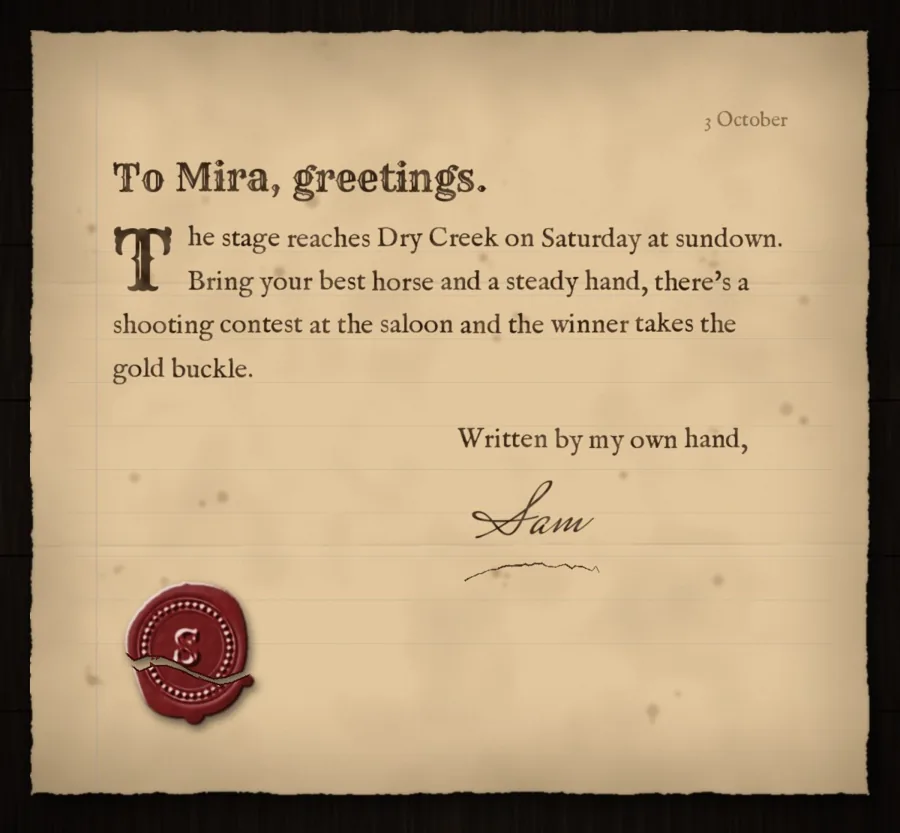 The opened letter: it begins “To Mira, greetings.” and ends “Written by my own hand,”, signed Sam.