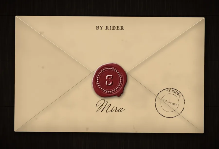 A sealed Wild West letter addressed to Mira, marked “By Rider”.